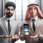 Dos jóvenes emprendedores presentando un producto tecnológico en un evento corporativo