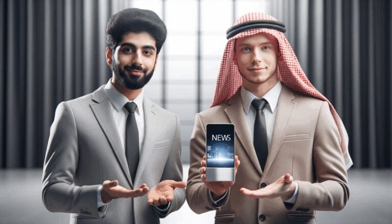 Dos jóvenes emprendedores presentando un producto tecnológico en un evento corporativo