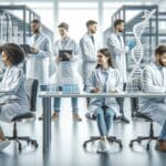 Investigadores trabajando en un laboratorio tecnológico especializado en ingeniería genética