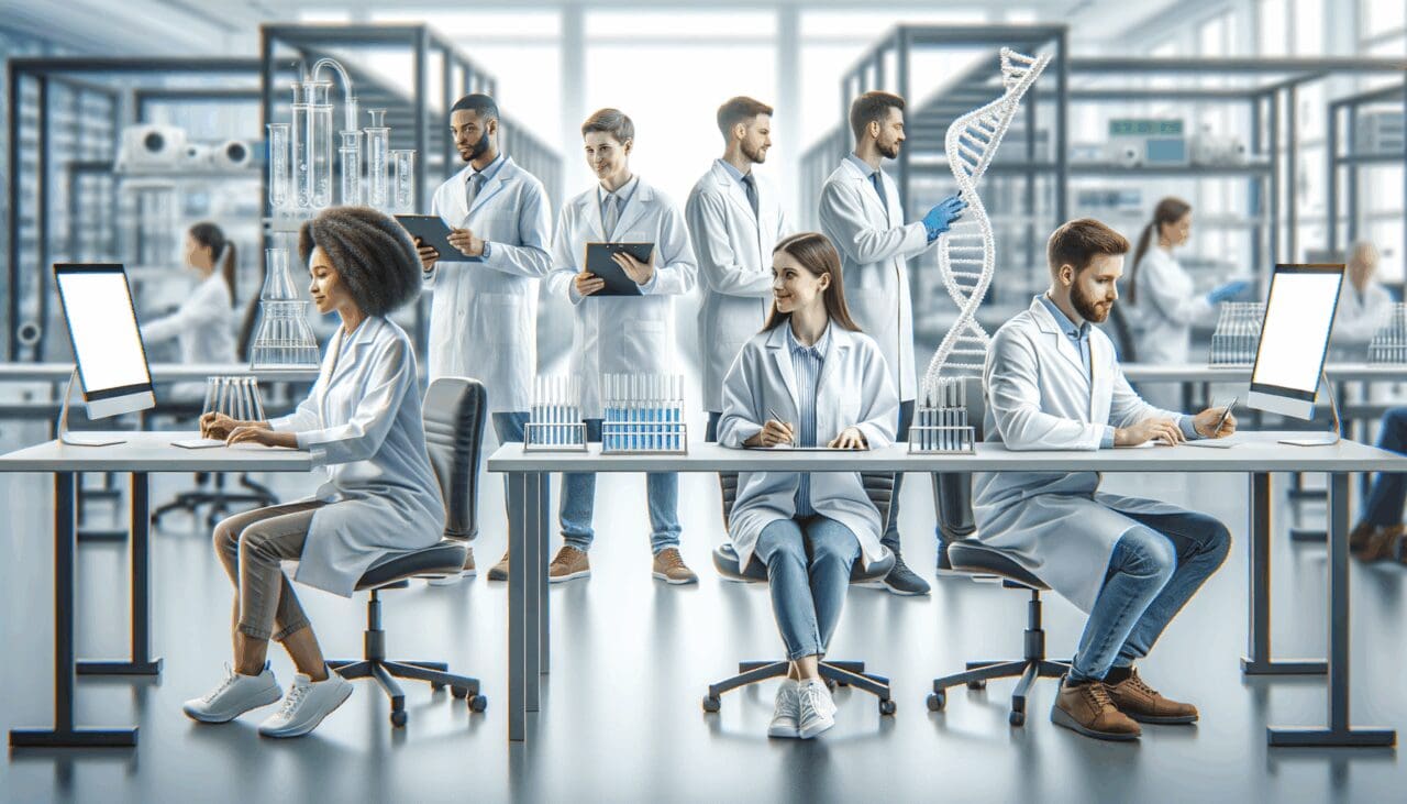 Investigadores trabajando en un laboratorio tecnológico especializado en ingeniería genética