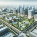 Vista aérea de un parque tecnológico con edificios modernos y zonas verdes