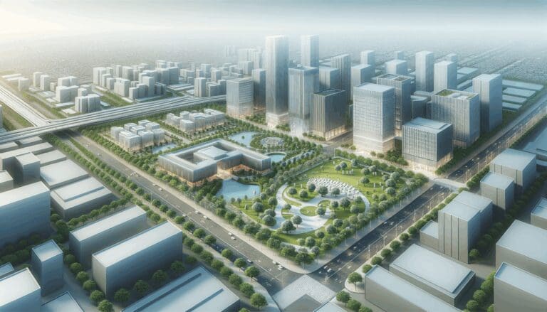 Vista aérea de un parque tecnológico con edificios modernos y zonas verdes