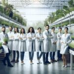 Científicos trabajando en un invernadero moderno con plantas y tecnología agrícola.