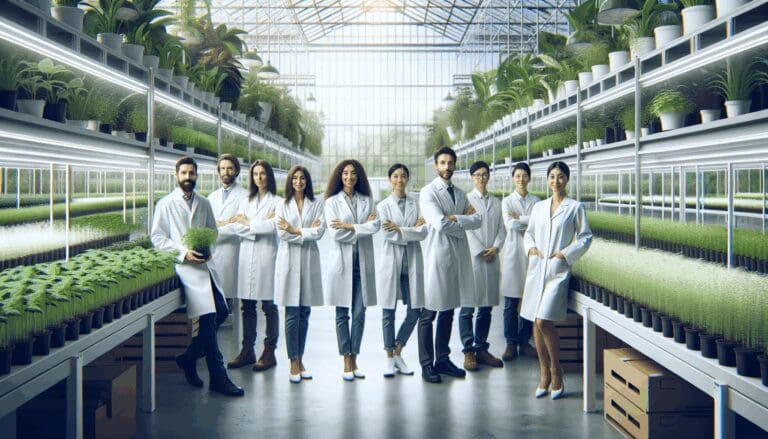 Científicos trabajando en un invernadero moderno con plantas y tecnología agrícola.