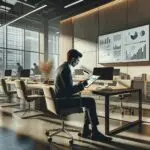 Persona usando una tablet en una oficina moderna, con gráficas y datos en pantalla