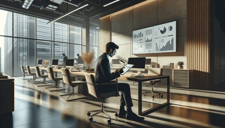Persona usando una tablet en una oficina moderna, con gráficas y datos en pantalla