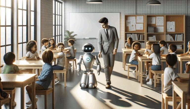Robot educativo interactuando con niños en una sala de aula moderna