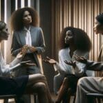 Retrato de mujeres diversas dialogando en un entorno moderno con fondo neutro