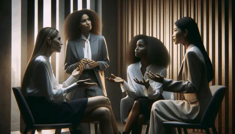 Retrato de mujeres diversas dialogando en un entorno moderno con fondo neutro