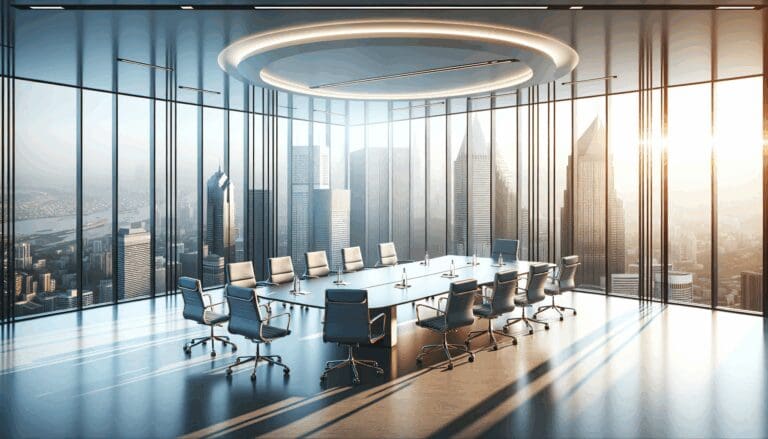 Sala de reuniones moderna con vista panorámica de la ciudad