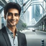 Retrato profesional de un emprendedor sonriente con fondo urbano tecnológico