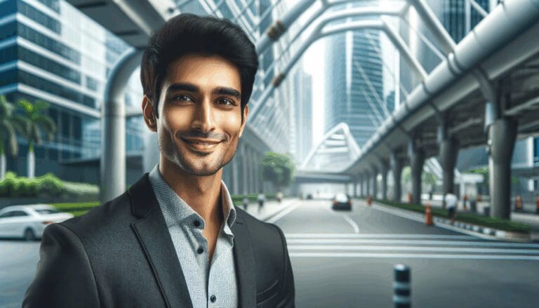 Retrato profesional de un emprendedor sonriente con fondo urbano tecnológico