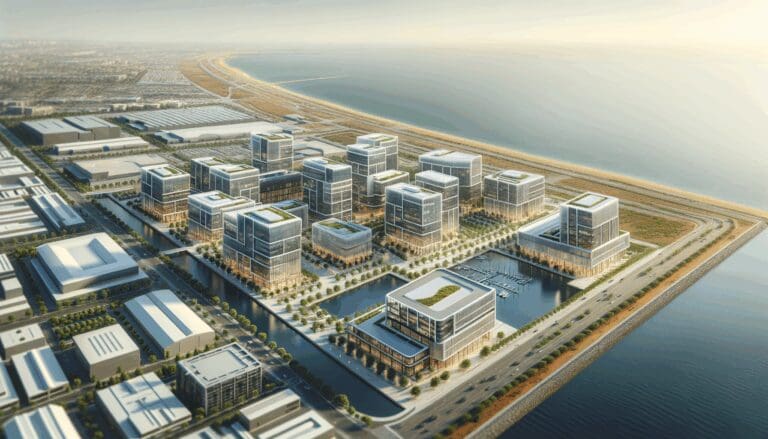 Vista aérea de un distrito tecnológico moderno junto al mar, con edificios vanguardistas y espacios verdes