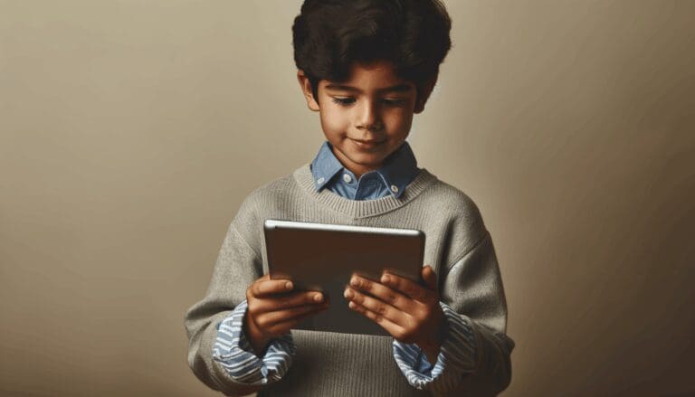 Niño utilizando una tablet en un entorno familiar moderno