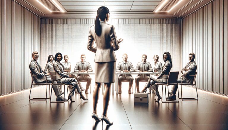 Retrato de una emprendedora presentando su startup a inversores en un espacio moderno