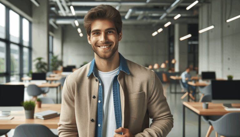 Retrato de un emprendedor tecnológico sonriente en un moderno espacio de coworking