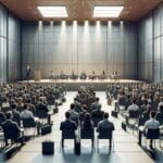 Auditorio moderno lleno de emprendedores y fondos de inversión en un evento tecnológico