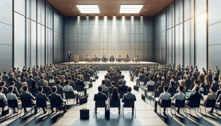 Auditorio moderno lleno de emprendedores y fondos de inversión en un evento tecnológico