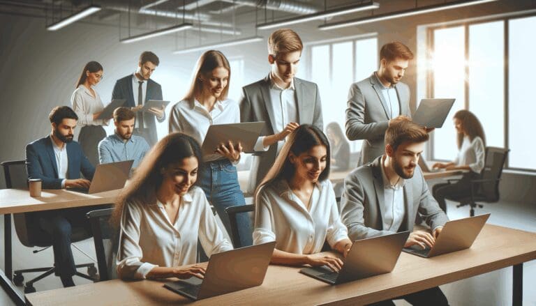 Equipo de jóvenes emprendedores trabajando frente a laptops en una oficina moderna