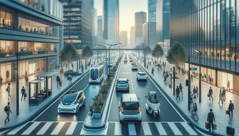 Calle urbana moderna con vehículos eléctricos y personas utilizando soluciones tecnológicas de movilidad