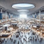 Vista panorámica de un centro de convenciones moderno repleto de asistentes y stands tecnológicos.