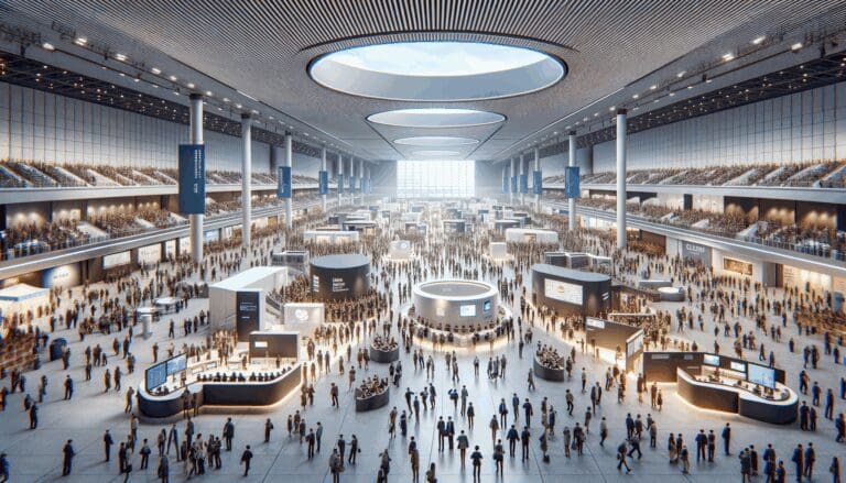 Vista panorámica de un centro de convenciones moderno repleto de asistentes y stands tecnológicos.