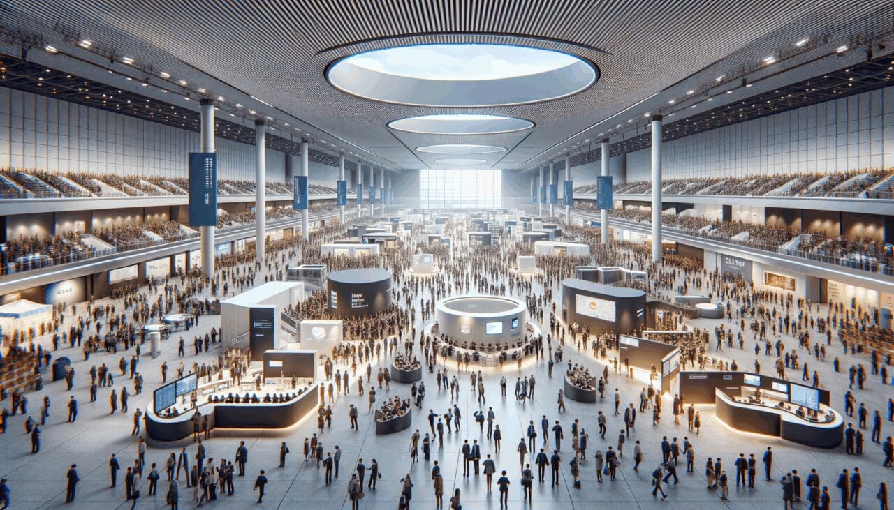 Vista panorámica de un centro de convenciones moderno repleto de asistentes y stands tecnológicos.