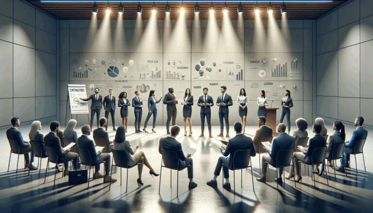 Grupo de emprendedores presentando ideas frente a un panel de inversionistas en un auditorio moderno