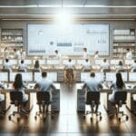 Laboratorio moderno con investigadores analizando datos en pantallas digitales