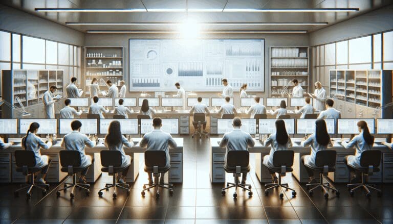 Laboratorio moderno con investigadores analizando datos en pantallas digitales