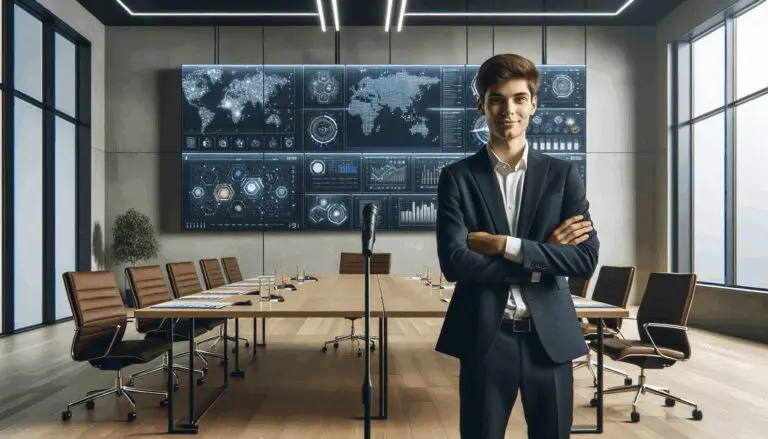 Emprendedor joven en una sala de pitch rodeado de pantallas tecnológicas
