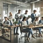 Espacio colaborativo moderno con emprendedores trabajando en laptops