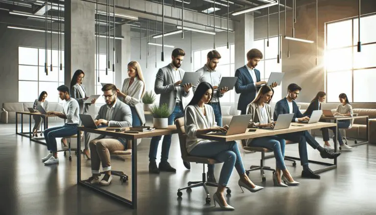 Espacio colaborativo moderno con emprendedores trabajando en laptops