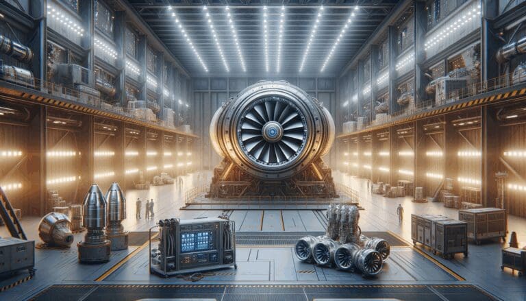 Interior de un hangar tecnológico con equipos y motores espaciales en pruebas