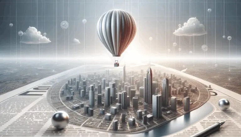 Globo estratosférico flotando sobre una ciudad con vista panorámica desde el cielo