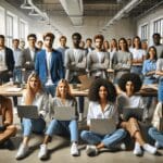 Jóvenes emprendedores reunidos en un espacio coworking moderno frente a laptops