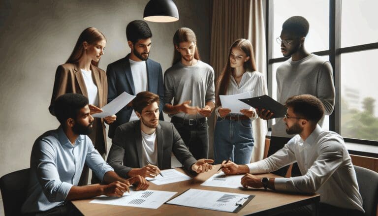 Reunión de empresarios jóvenes revisando documentos en una oficina moderna.