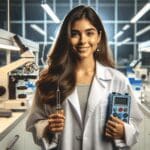 Joven científica latina en laboratorio tecnológico con instrumentos de medición