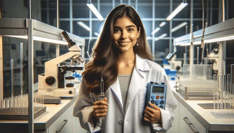 Joven científica latina en laboratorio tecnológico con instrumentos de medición