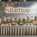Mesa de catering en un evento de startups con alimentos frescos y presentación moderna