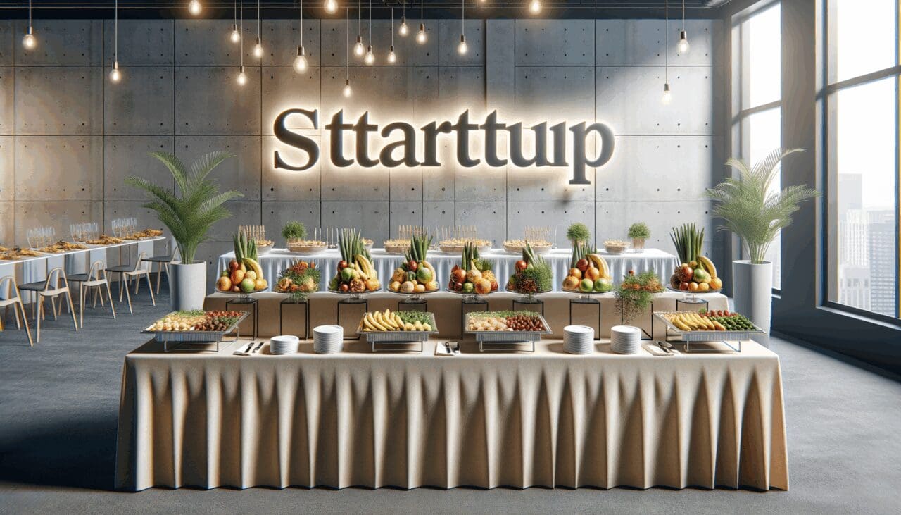 Mesa de catering en un evento de startups con alimentos frescos y presentación moderna