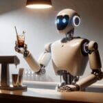 Primer plano de un robot humanoide sirviendo una bebida en un bar moderno