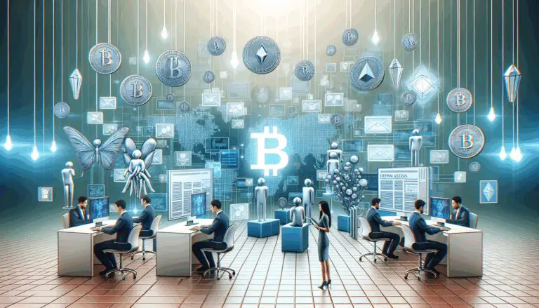 Ilustración conceptual de un entorno digital con tokens, avatares y gráficos cripto en movimiento