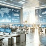 Interior luminoso de una oficina tecnológica moderna con pantallas de datos y gráficos