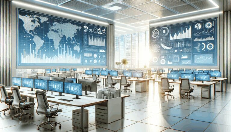 Interior luminoso de una oficina tecnológica moderna con pantallas de datos y gráficos