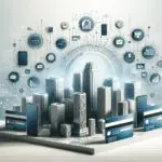 Ilustración editorial de una ciudad con símbolos digitales de tecnología financiera como tarjetas, gráficos y smartphones