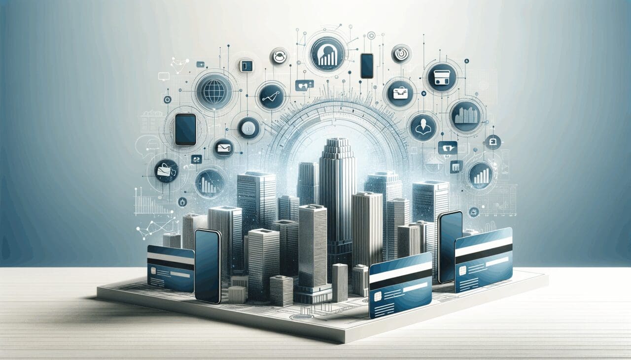 Ilustración editorial de una ciudad con símbolos digitales de tecnología financiera como tarjetas, gráficos y smartphones