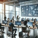 Oficina moderna con emprendedores trabajando frente a pantallas con gráficos de datos.