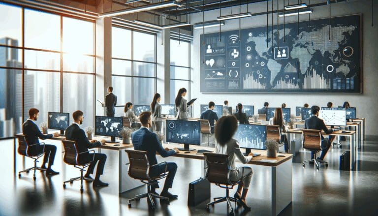 Oficina moderna con emprendedores trabajando frente a pantallas con gráficos de datos.