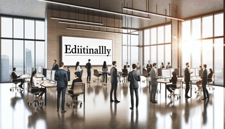 Emprendedores reunidos en un espacio de coworking moderno, con pantallas y pizarras digitales